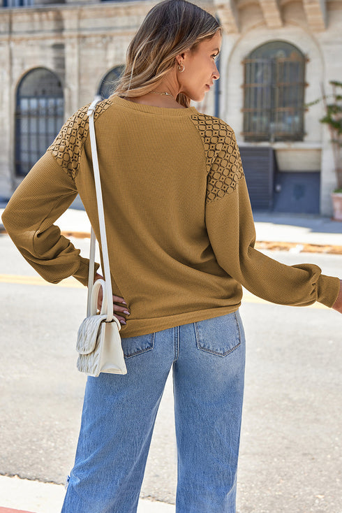 Lace Trim Waffle Knit Long Sleeve Relaxed Pullover