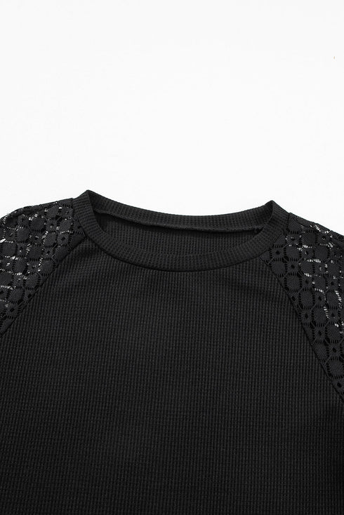 Lace Trim Waffle Knit Long Sleeve Relaxed Pullover
