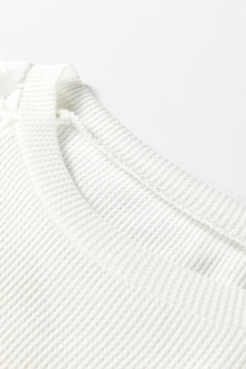 Lace Trim Waffle Knit Long Sleeve Relaxed Pullover