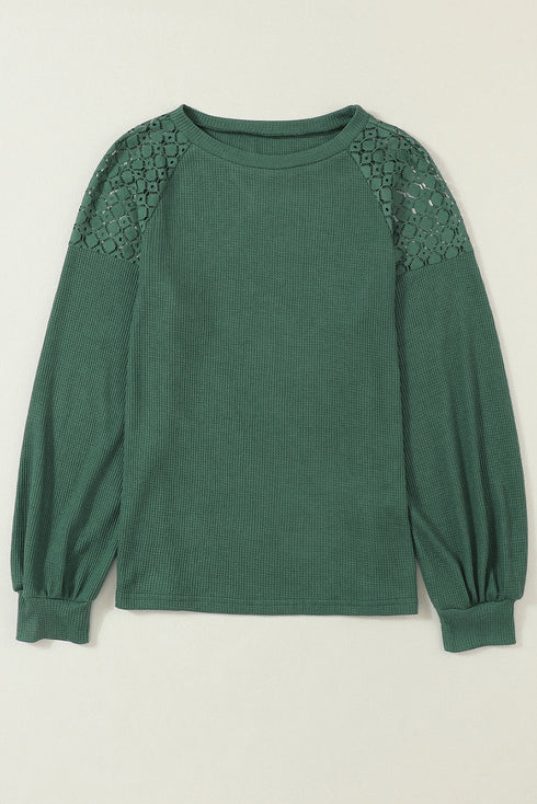 Lace Trim Waffle Knit Long Sleeve Relaxed Pullover