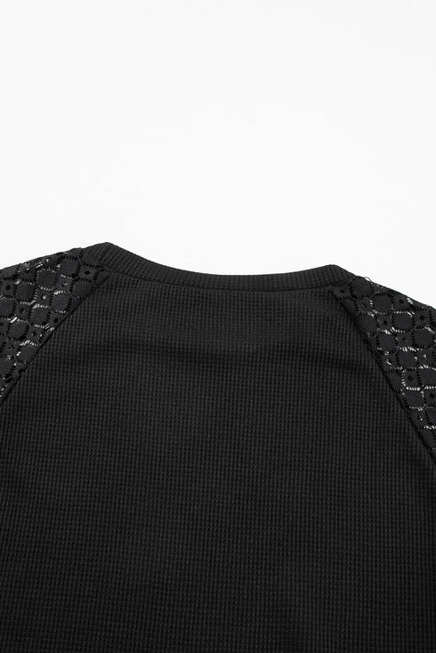 Lace Trim Waffle Knit Long Sleeve Relaxed Pullover