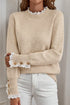 Lace Trimmed Crew Neck Button Cuff Knit Sweater