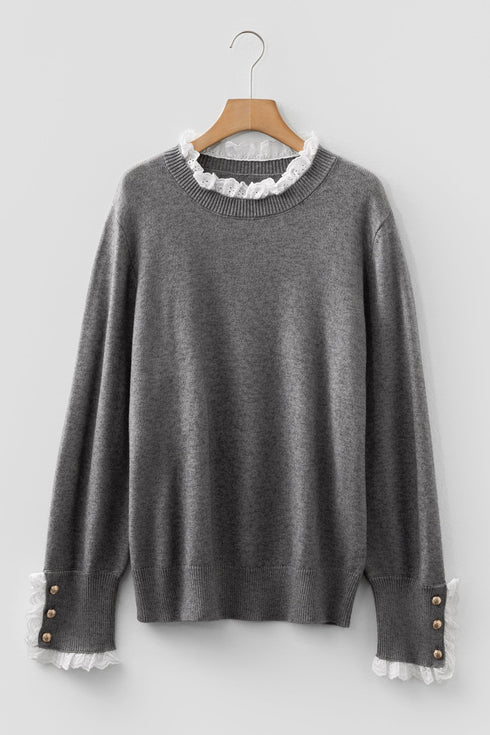 Lace Trimmed Crew Neck Button Cuff Knit Sweater
