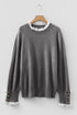 Lace Trimmed Crew Neck Button Cuff Knit Sweater