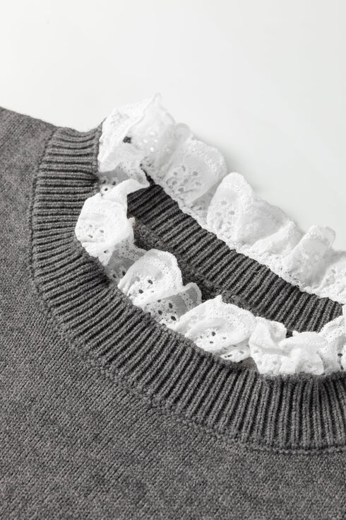 Lace Trimmed Crew Neck Button Cuff Knit Sweater