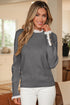 Lace Trimmed Crew Neck Button Cuff Knit Sweater