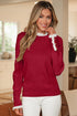 Lace Trimmed Crew Neck Button Cuff Knit Sweater
