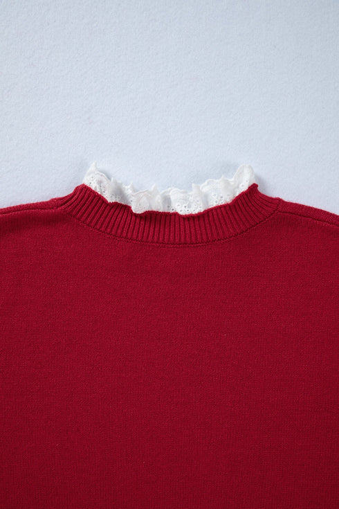Lace Trimmed Crew Neck Button Cuff Knit Sweater