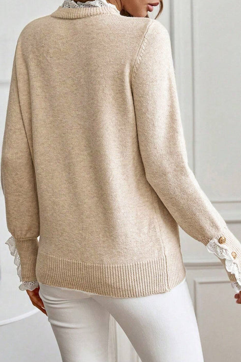 Lace Trimmed Crew Neck Button Cuff Knit Sweater
