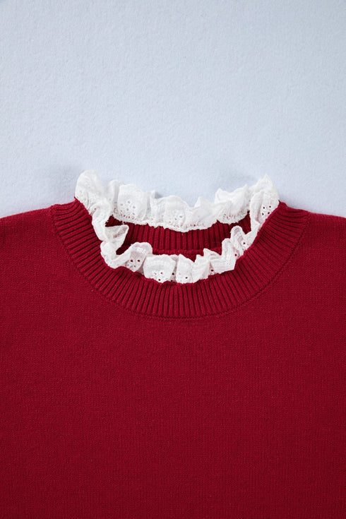 Lace Trimmed Crew Neck Button Cuff Knit Sweater