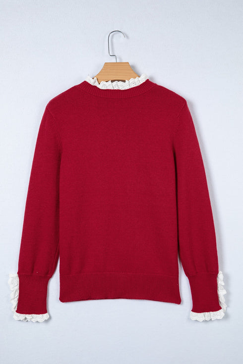 Lace Trimmed Crew Neck Button Cuff Knit Sweater