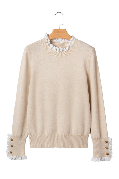 Lace Trimmed Crew Neck Button Cuff Knit Sweater