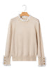 Lace Trimmed Crew Neck Button Cuff Knit Sweater