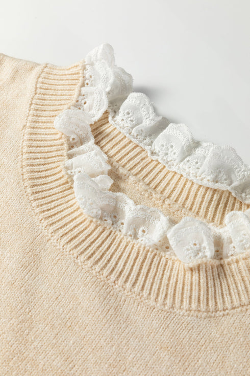 Lace Trimmed Crew Neck Button Cuff Knit Sweater