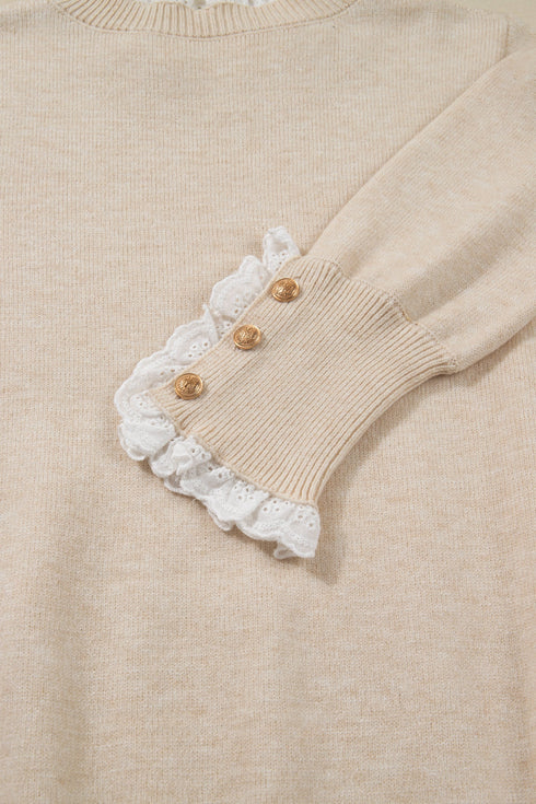 Lace Trimmed Crew Neck Button Cuff Knit Sweater