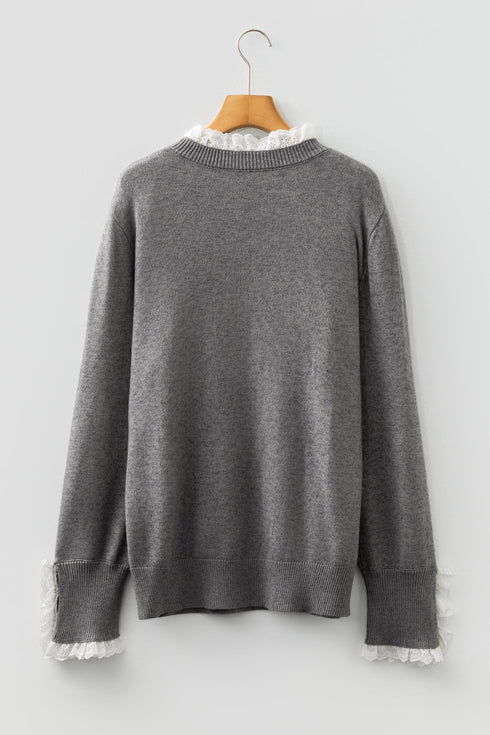 Lace Trimmed Crew Neck Button Cuff Knit Sweater