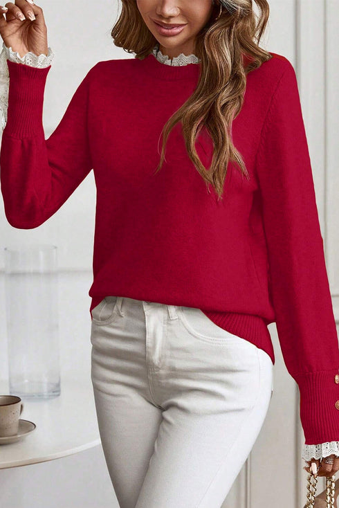 Lace Trimmed Crew Neck Button Cuff Knit Sweater