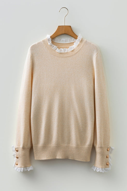 Lace Trimmed Crew Neck Button Cuff Knit Sweater