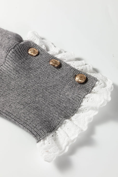 Lace Trimmed Crew Neck Button Cuff Knit Sweater