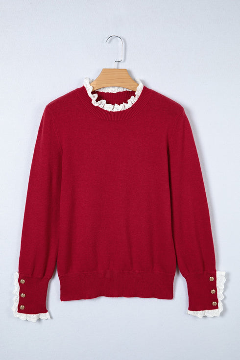 Lace Trimmed Crew Neck Button Cuff Knit Sweater