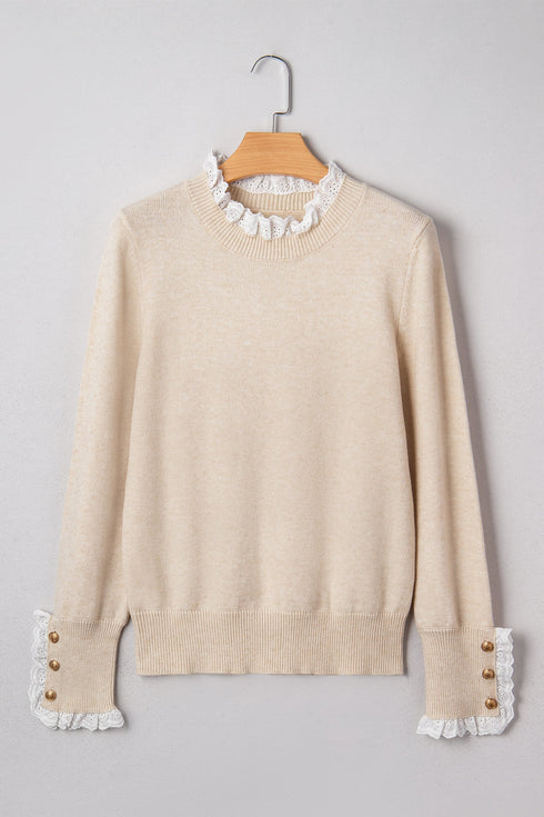 Lace Trimmed Crew Neck Button Cuff Knit Sweater