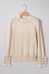 Lace Trimmed Crew Neck Button Cuff Knit Sweater