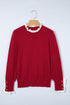 Lace Trimmed Crew Neck Button Cuff Knit Sweater