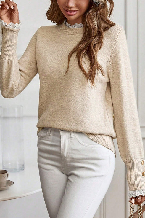 Lace Trimmed Crew Neck Button Cuff Knit Sweater