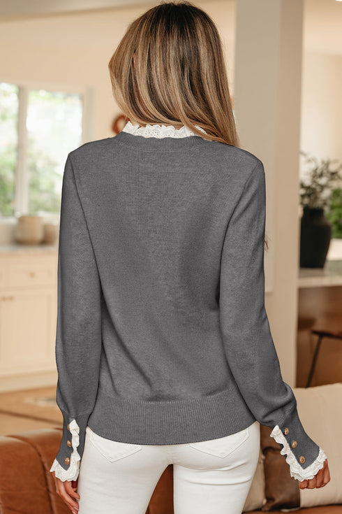 Lace Trimmed Crew Neck Button Cuff Knit Sweater