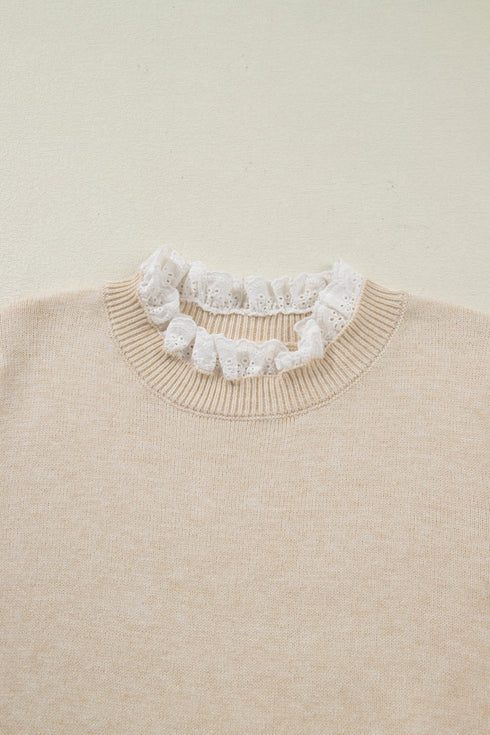 Lace Trimmed Crew Neck Button Cuff Knit Sweater