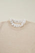 Lace Trimmed Crew Neck Button Cuff Knit Sweater