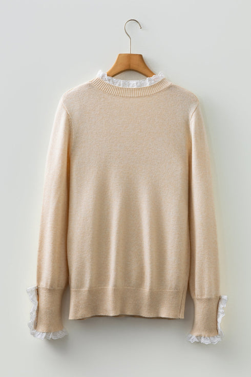 Lace Trimmed Crew Neck Button Cuff Knit Sweater