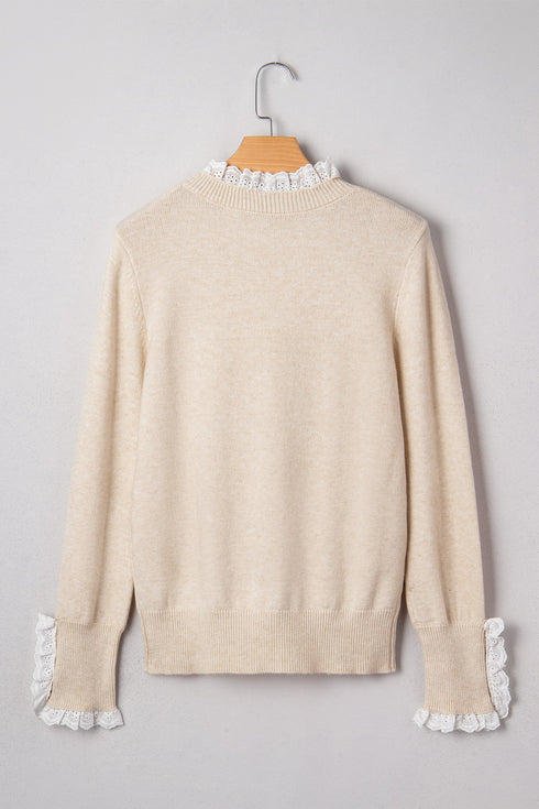 Lace Trimmed Crew Neck Button Cuff Knit Sweater