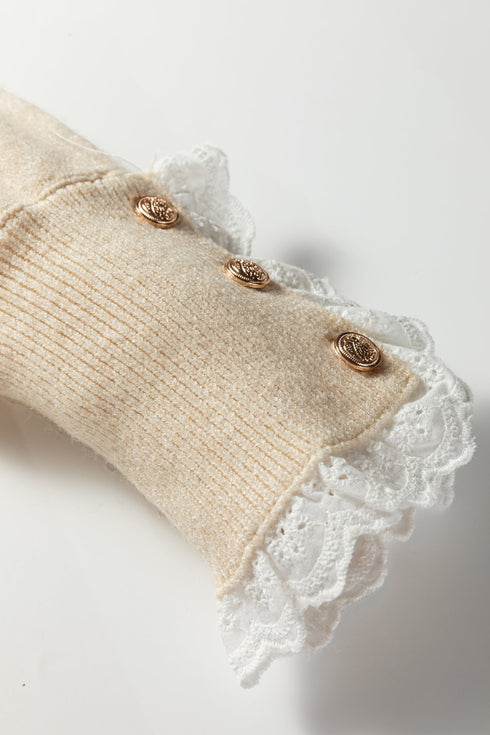 Lace Trimmed Crew Neck Button Cuff Knit Sweater