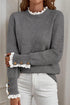 Lace Trimmed Crew Neck Button Cuff Knit Sweater
