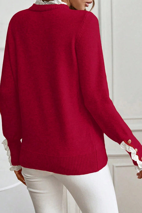 Lace Trimmed Crew Neck Button Cuff Knit Sweater