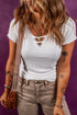 Lace Trimmed Ribbed Knit Slim Fit Short Sleeve Top