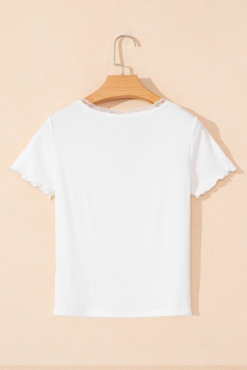 Lace Trimmed Ribbed Knit Slim Fit Short Sleeve Top