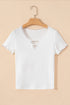 Lace Trimmed Ribbed Knit Slim Fit Short Sleeve Top