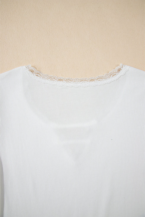 Lace Trimmed Ribbed Knit Slim Fit Short Sleeve Top
