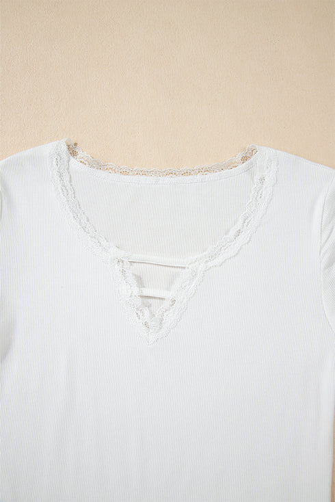 Lace Trimmed Ribbed Knit Slim Fit Short Sleeve Top