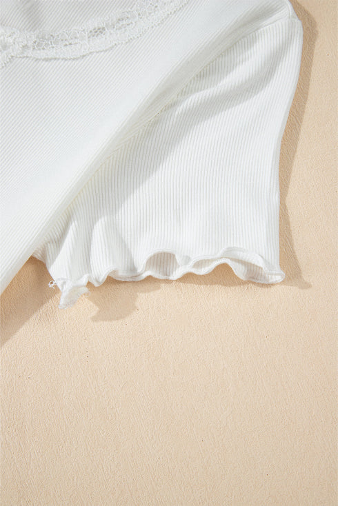 Lace Trimmed Ribbed Knit Slim Fit Short Sleeve Top