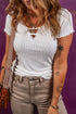 Lace Trimmed Ribbed Knit Slim Fit Short Sleeve Top
