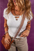 Lace Trimmed Ribbed Knit Slim Fit Short Sleeve Top