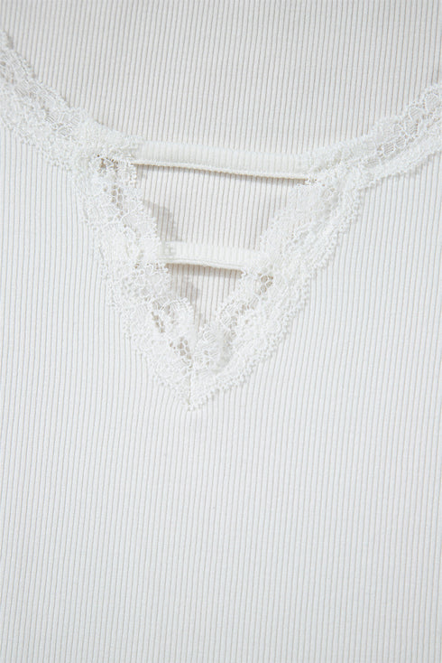 Lace Trimmed Ribbed Knit Slim Fit Short Sleeve Top