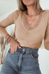 Lace Trimmed Sweetheart Neckline Ruched Long Sleeve Top