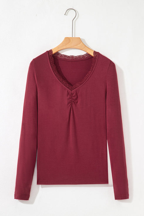 Lace Trimmed Sweetheart Neckline Ruched Long Sleeve Top