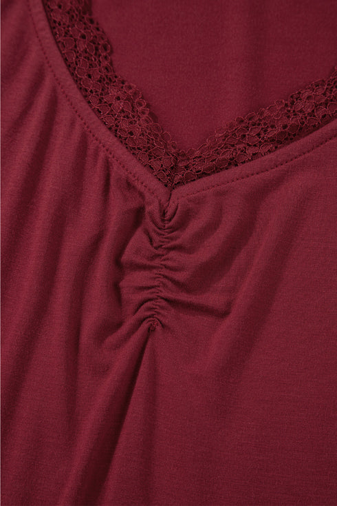 Lace Trimmed Sweetheart Neckline Ruched Long Sleeve Top