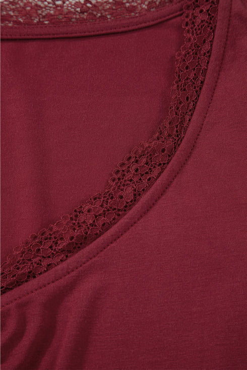 Lace Trimmed Sweetheart Neckline Ruched Long Sleeve Top
