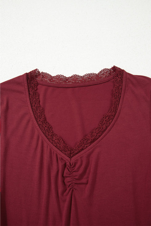 Lace Trimmed Sweetheart Neckline Ruched Long Sleeve Top